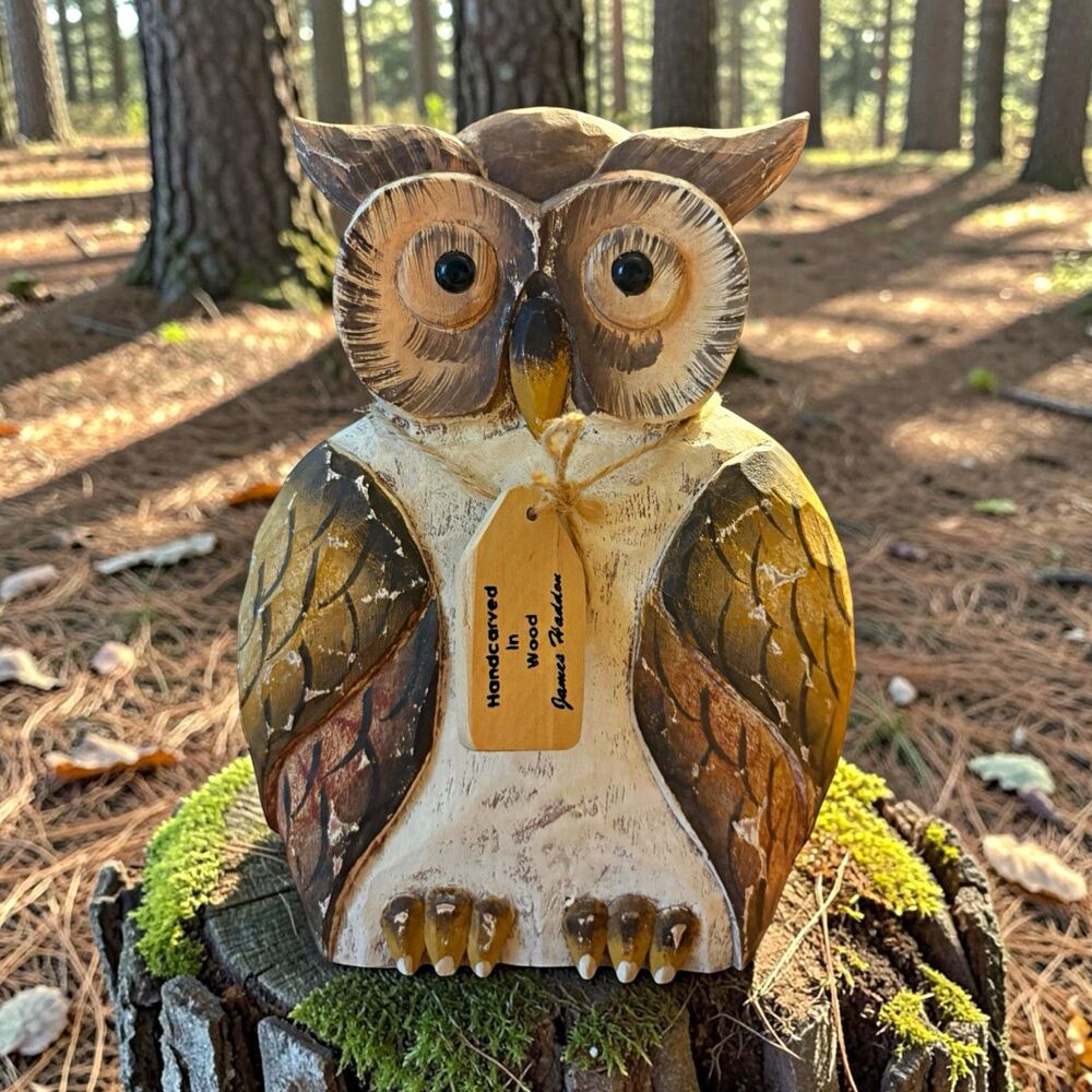 James Haddon Handmade Hand Carved Wood Owl Bird Figurine Sculpture Signed 8.5”
